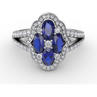 Split Shank Ring with Oval Sapphire Cluster and Pavé Diamond Scalloped Halo by Fana - 1.93 Carat Total Gemstone Weight