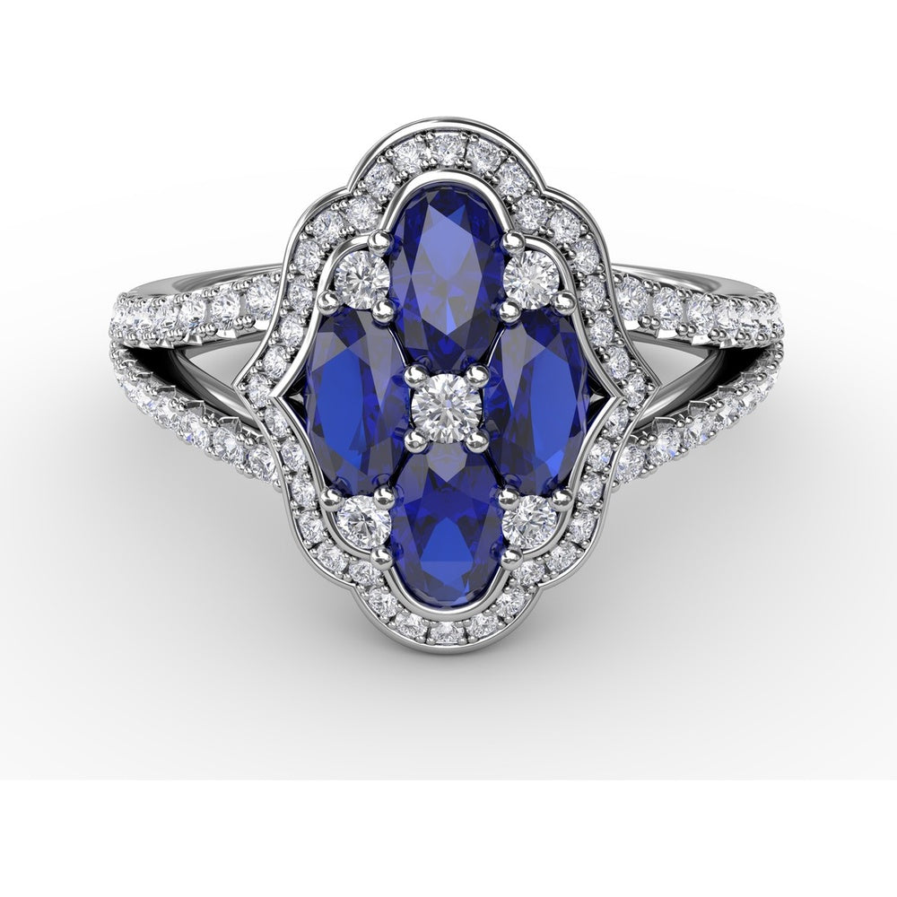 Split Shank Ring with Oval Sapphire Cluster and Pavé Diamond Scalloped Halo by Fana - 1.93 Carat Total Gemstone Weight