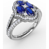 Split Shank Ring with Oval Sapphire Cluster and Pavé Diamond Scalloped Halo by Fana - 1.93 Carat Total Gemstone Weight