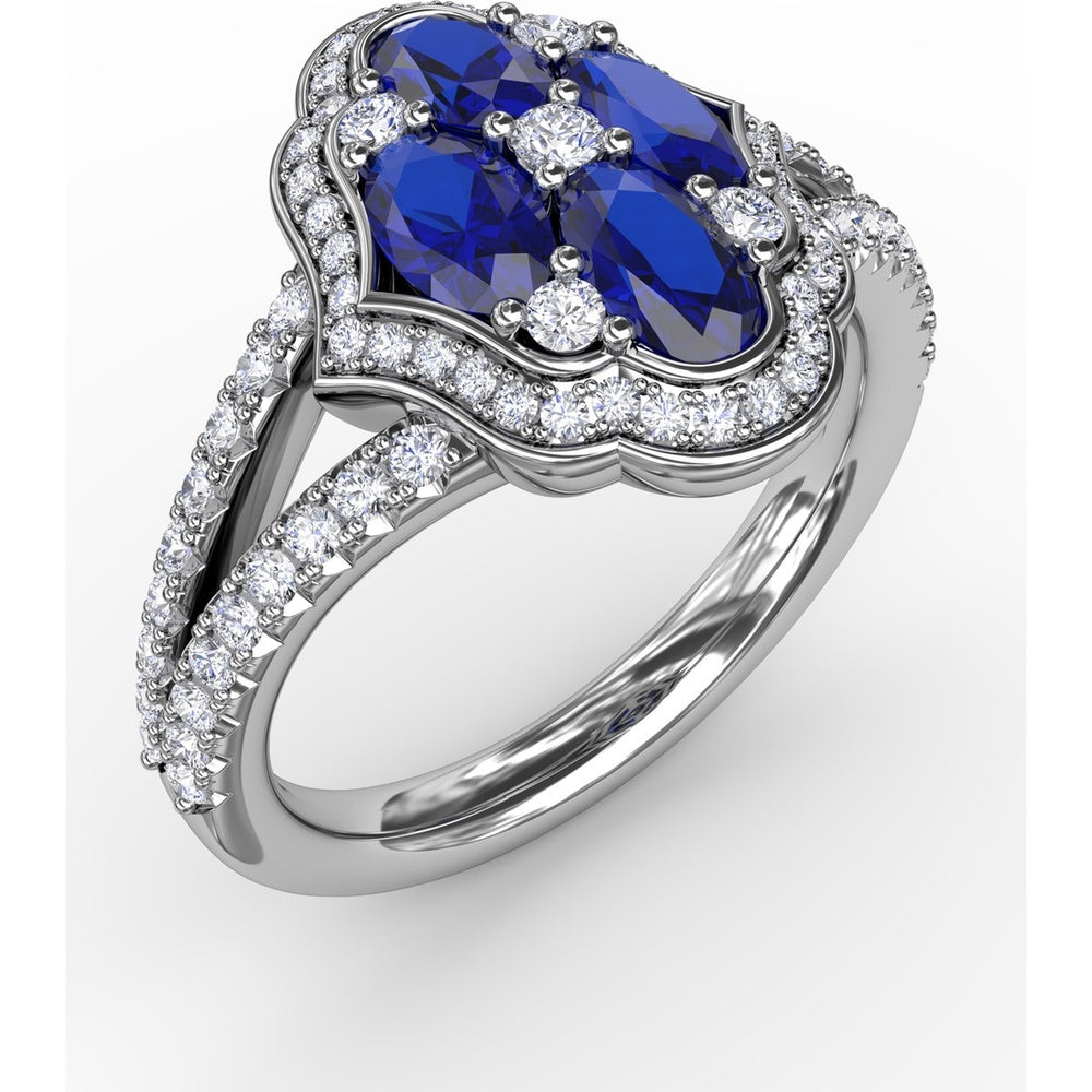 Split Shank Ring with Oval Sapphire Cluster and Pavé Diamond Scalloped Halo by Fana - 1.93 Carat Total Gemstone Weight