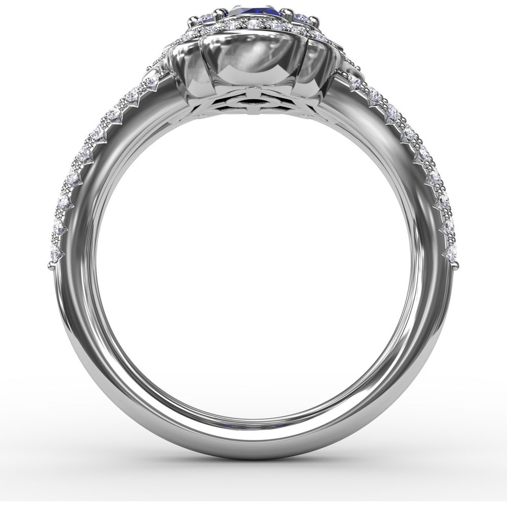 Split Shank Ring with Oval Sapphire Cluster and Pavé Diamond Scalloped Halo by Fana - 1.93 Carat Total Gemstone Weight