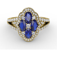 Split Shank Ring with Oval Sapphire Cluster and Pavé Diamond Scalloped Halo by Fana - 1.93 Carat Total Gemstone Weight