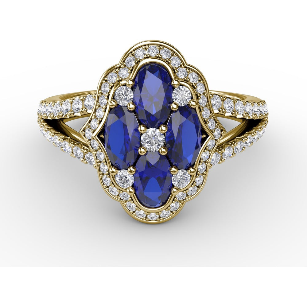 Split Shank Ring with Oval Sapphire Cluster and Pavé Diamond Scalloped Halo by Fana - 1.93 Carat Total Gemstone Weight