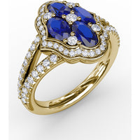 Split Shank Ring with Oval Sapphire Cluster and Pavé Diamond Scalloped Halo by Fana - 1.93 Carat Total Gemstone Weight