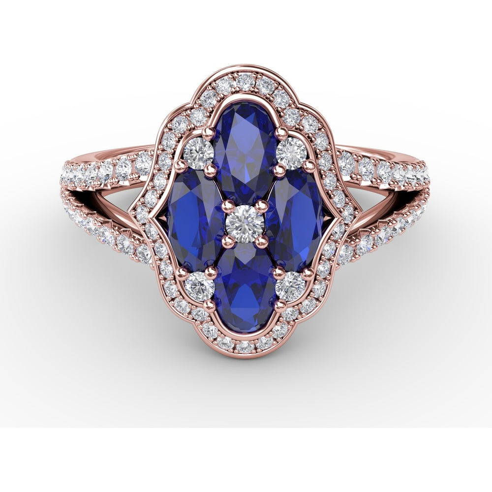 Split Shank Ring with Oval Sapphire Cluster and Pavé Diamond Scalloped Halo by Fana - 1.93 Carat Total Gemstone Weight