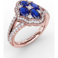 Split Shank Ring with Oval Sapphire Cluster and Pavé Diamond Scalloped Halo by Fana - 1.93 Carat Total Gemstone Weight