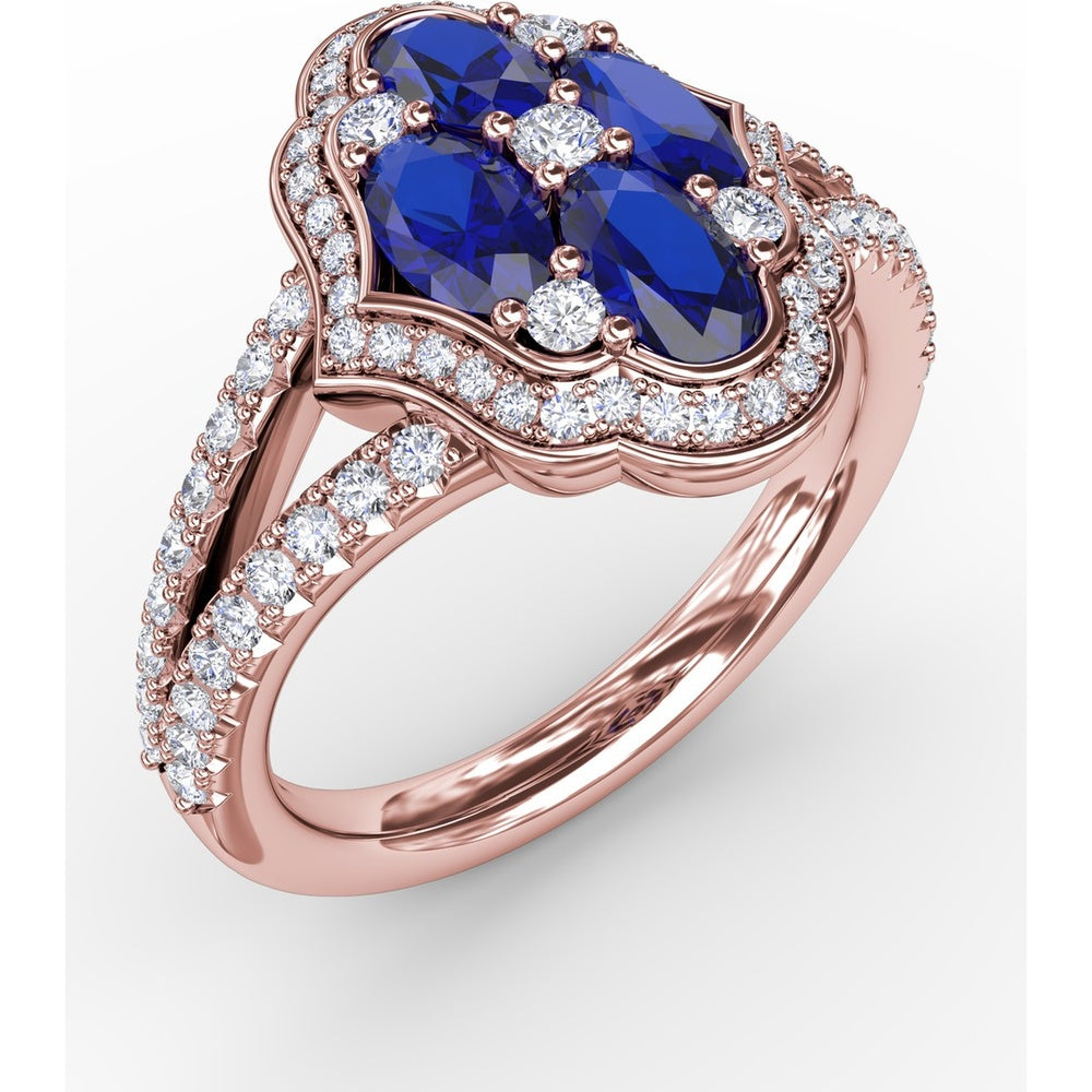 Split Shank Ring with Oval Sapphire Cluster and Pavé Diamond Scalloped Halo by Fana - 1.93 Carat Total Gemstone Weight