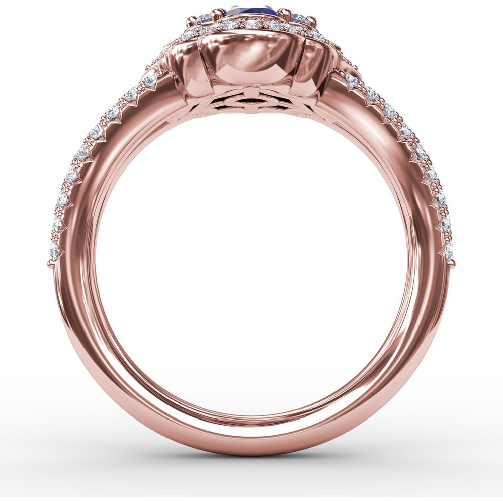 Split Shank Ring with Oval Sapphire Cluster and Pavé Diamond Scalloped Halo by Fana - 1.93 Carat Total Gemstone Weight