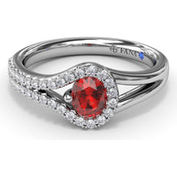 Split Shank Wrap Ring with Oval Ruby and Diamond Halo by Fana - 0.74 Carat Total Gemstone Weight