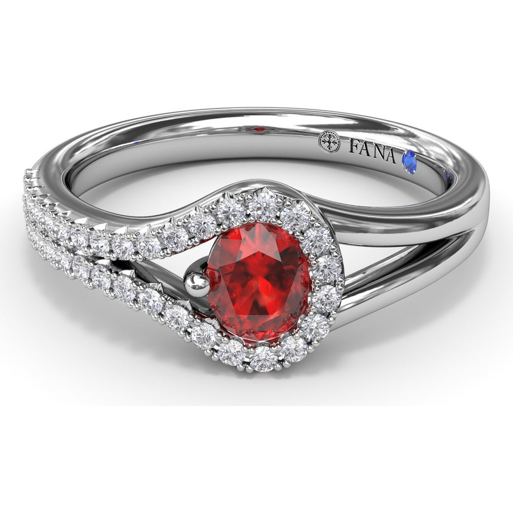 Split Shank Wrap Ring with Oval Ruby and Diamond Halo by Fana - 0.74 Carat Total Gemstone Weight
