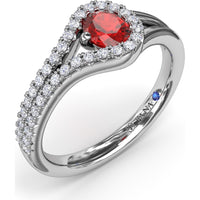 Split Shank Wrap Ring with Oval Ruby and Diamond Halo by Fana - 0.74 Carat Total Gemstone Weight