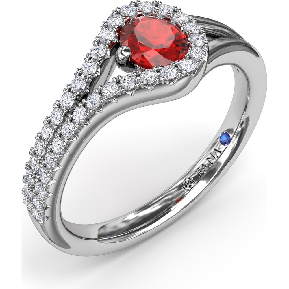 Split Shank Wrap Ring with Oval Ruby and Diamond Halo by Fana - 0.74 Carat Total Gemstone Weight