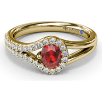 Split Shank Wrap Ring with Oval Ruby and Diamond Halo by Fana - 0.74 Carat Total Gemstone Weight