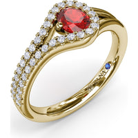 Split Shank Wrap Ring with Oval Ruby and Diamond Halo by Fana - 0.74 Carat Total Gemstone Weight