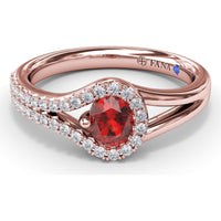 Split Shank Wrap Ring with Oval Ruby and Diamond Halo by Fana - 0.74 Carat Total Gemstone Weight