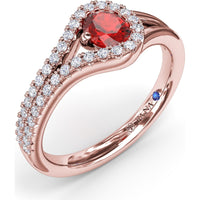 Split Shank Wrap Ring with Oval Ruby and Diamond Halo by Fana - 0.74 Carat Total Gemstone Weight