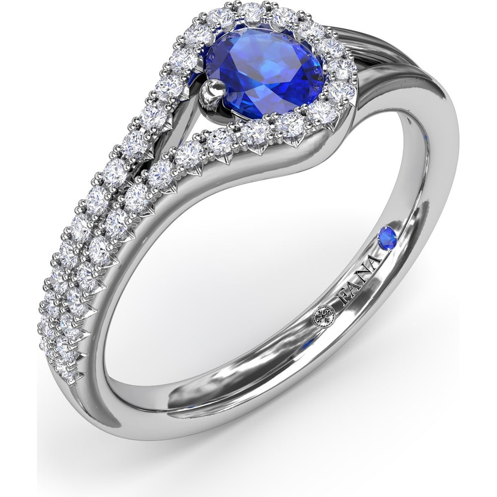 Split Shank Wrap Ring with Oval Sapphire and Pavé Diamond Halo by Fana - 0.74 Carat Total Gemstone Weight