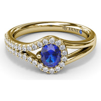 Split Shank Wrap Ring with Oval Sapphire and Pavé Diamond Halo by Fana - 0.74 Carat Total Gemstone Weight