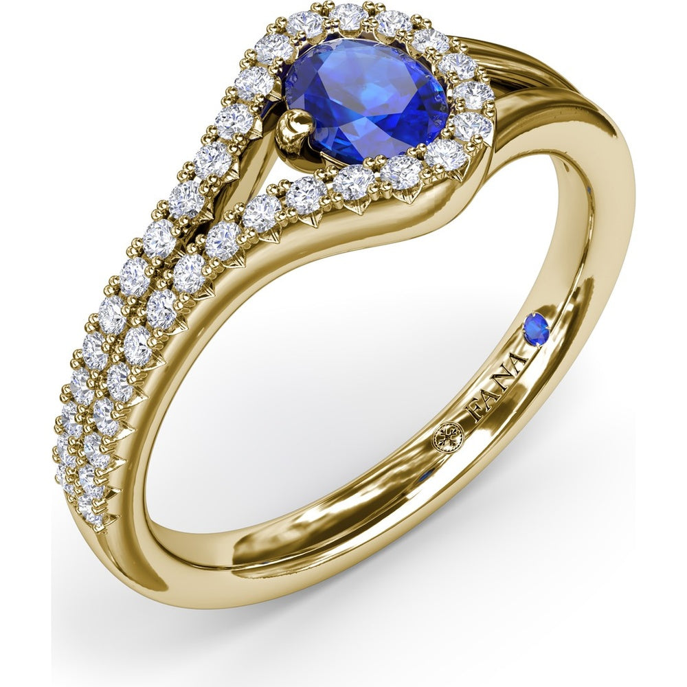 Split Shank Wrap Ring with Oval Sapphire and Pavé Diamond Halo by Fana - 0.74 Carat Total Gemstone Weight