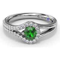 Split Shank Wrap Ring with Round Emerald and Pavé Diamond Halo by Fana - 0.60 Carat Total Gemstone Weight