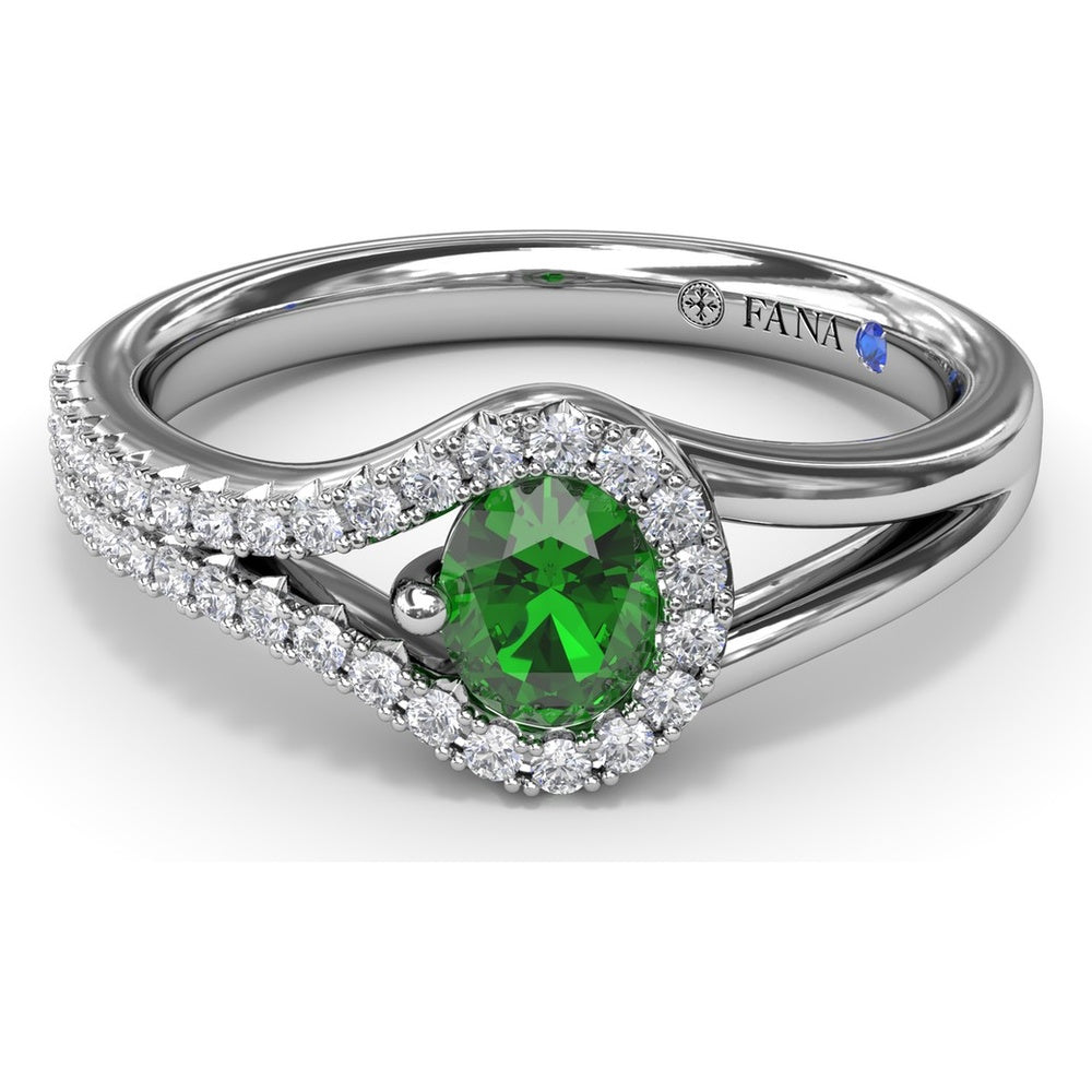 Split Shank Wrap Ring with Round Emerald and Pavé Diamond Halo by Fana - 0.60 Carat Total Gemstone Weight