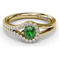 Split Shank Wrap Ring with Round Emerald and Pavé Diamond Halo by Fana - 0.60 Carat Total Gemstone Weight