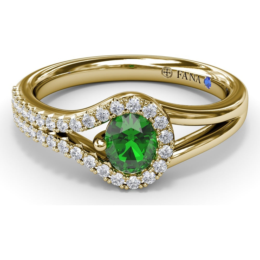 Split Shank Wrap Ring with Round Emerald and Pavé Diamond Halo by Fana - 0.60 Carat Total Gemstone Weight