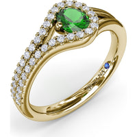 Split Shank Wrap Ring with Round Emerald and Pavé Diamond Halo by Fana - 0.60 Carat Total Gemstone Weight