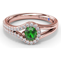 Split Shank Wrap Ring with Round Emerald and Pavé Diamond Halo by Fana - 0.60 Carat Total Gemstone Weight