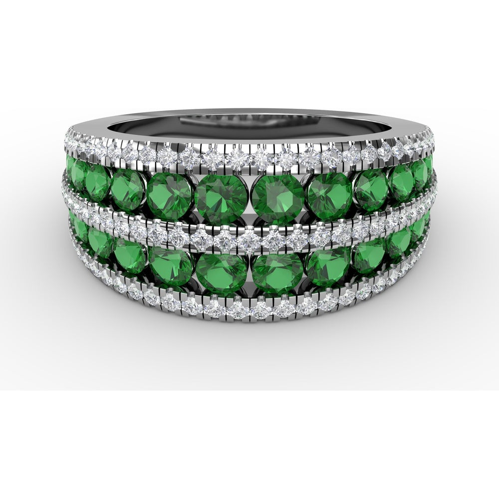 Stacked Row Ring with Round Emeralds and Pavé Set Diamonds by Fana - 2.26 Carat Total Gemstone Weight