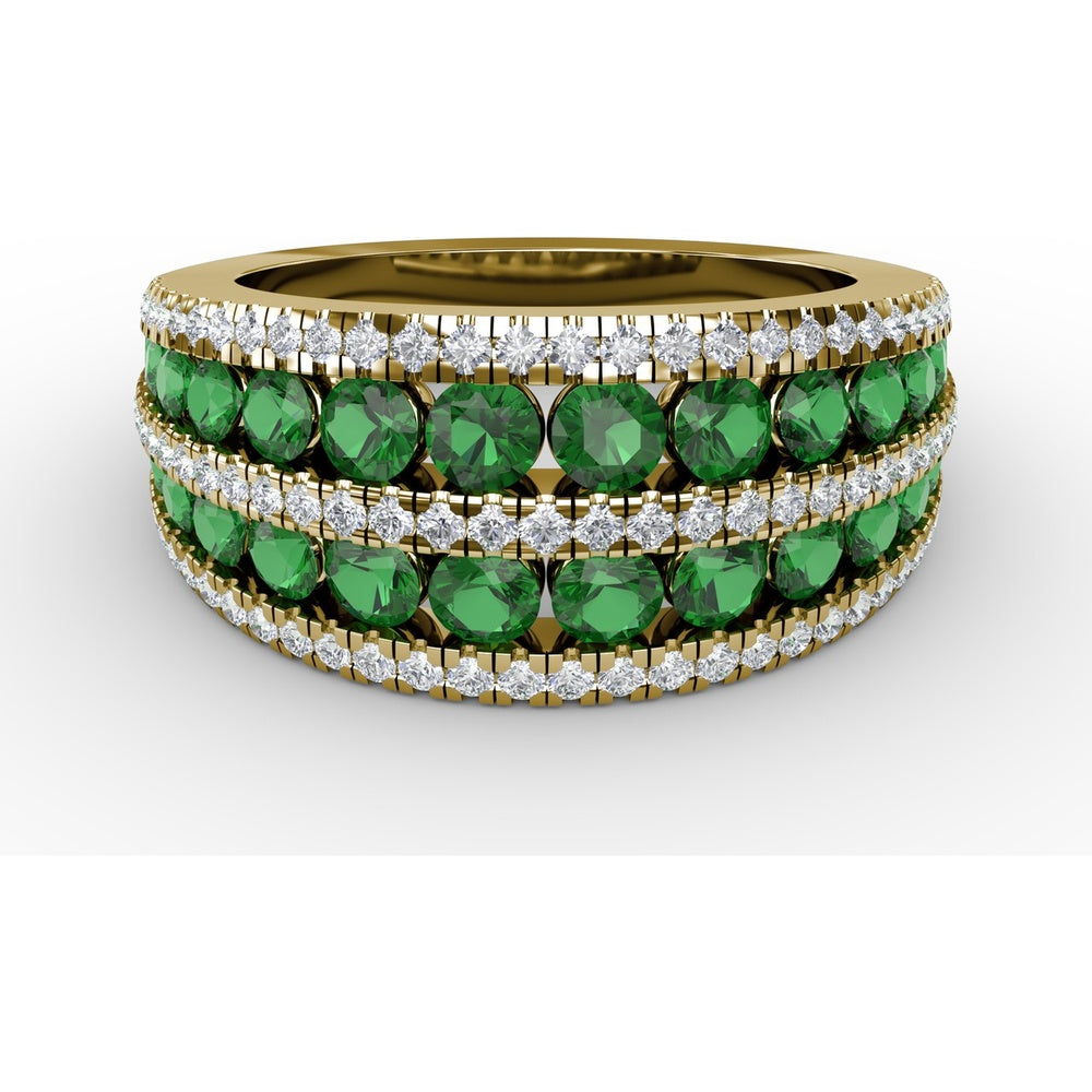 Stacked Row Ring with Round Emeralds and Pavé Set Diamonds by Fana - 2.26 Carat Total Gemstone Weight
