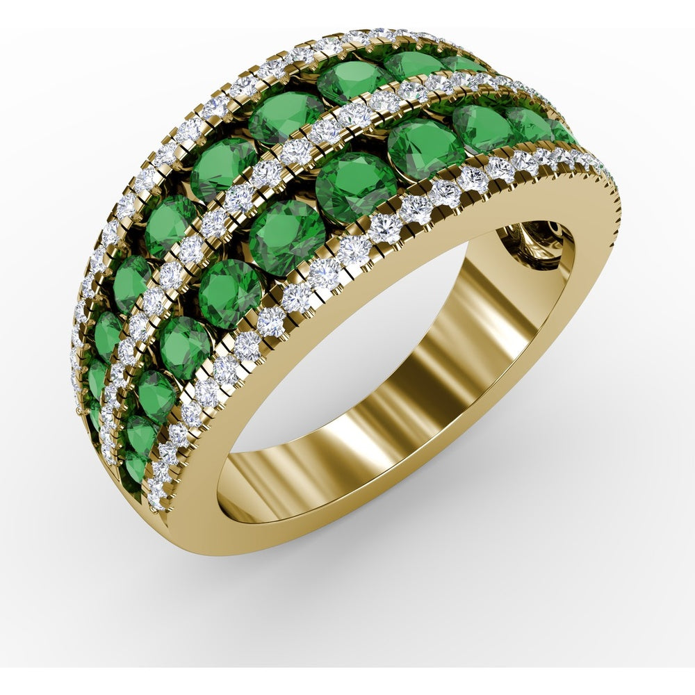 Stacked Row Ring with Round Emeralds and Pavé Set Diamonds by Fana - 2.26 Carat Total Gemstone Weight