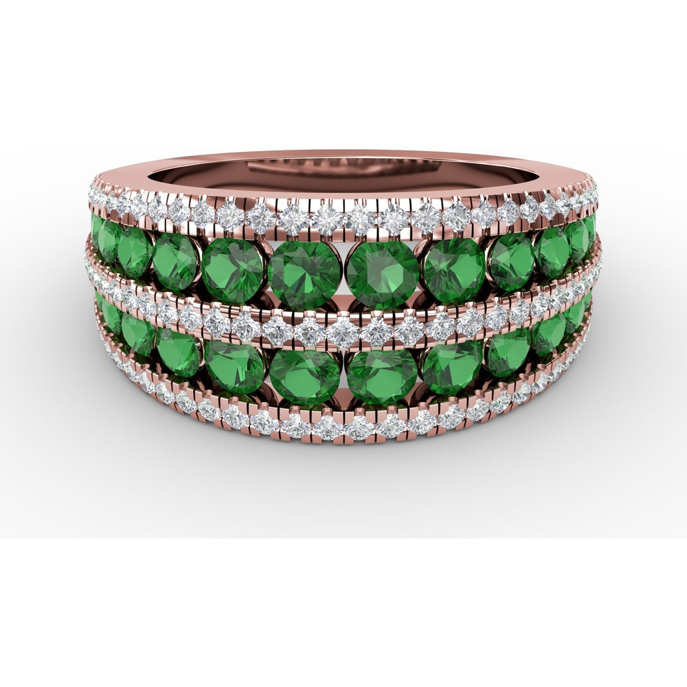 Stacked Row Ring with Round Emeralds and Pavé Set Diamonds by Fana - 2.26 Carat Total Gemstone Weight