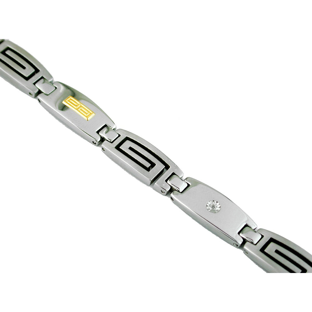 Stainless Steel and 14K Gold Accent Contemporary Link Bracelet with Single Round Diamond - 0.02 Carat Total Diamond Weight - Royal Jewelry