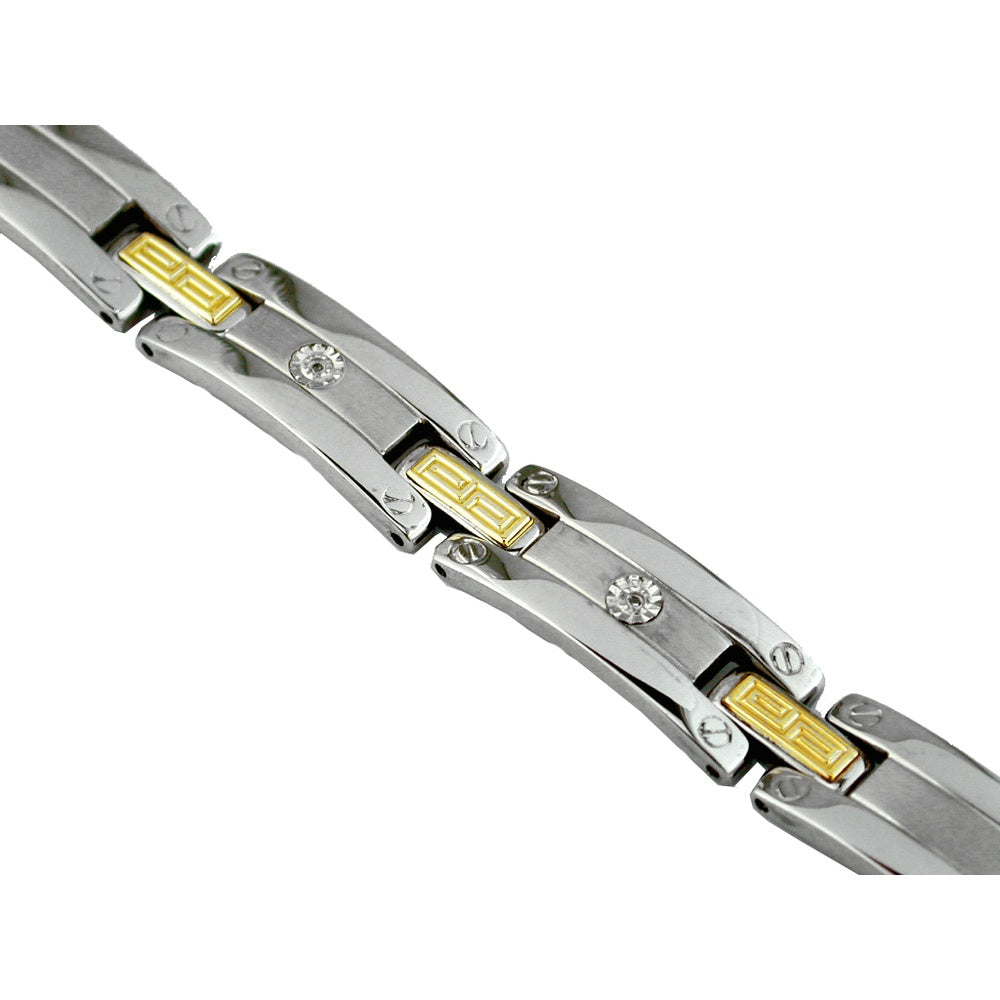 Stainless Steel and 14K Gold Fancy Link Bracelet with Round Brilliant Diamond Accent - 0.02 Carat Total Diamond Weight - Royal Jewelry