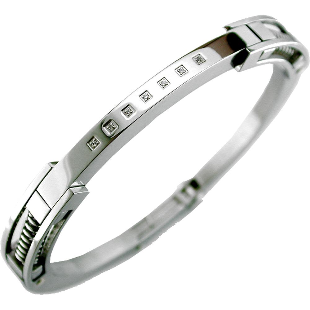 Stainless Steel and 14K White Gold Hinged Bangle with 6 Channel-Set Round Diamonds - 0.04 Carat Total Diamond Weight - Royal Jewelry