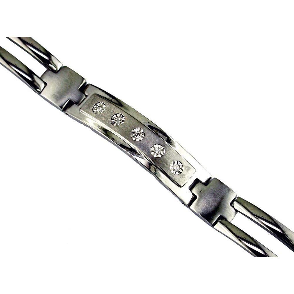 Stainless Steel & 14K White Gold Men's Bracelet with Round Diamond Accents - 0.12 Carat Total Diamond Weight - Royal Jewelry