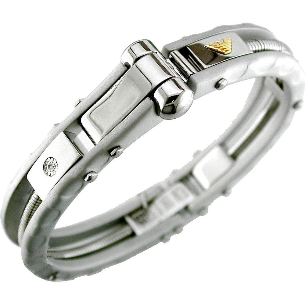 Stainless Steel and 14K Yellow Gold Bangle with Round Diamond Accent - 0.02 Carat Total Diamond Weight - Royal Jewelry