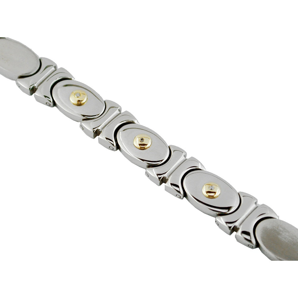 Stainless Steel and 14K Yellow Gold Fancy Link Bracelet with Bezel-Set Round Diamonds - 0.02 Carat Total Diamond Weight - Royal Jewelry