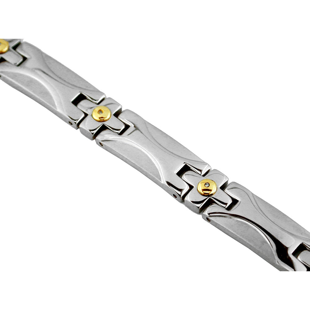 Stainless Steel and 14K Yellow Gold Fancy Link Bracelet with Round Bezel-Set Diamonds - 0.04 Carat Total Diamond Weight - Royal Jewelry