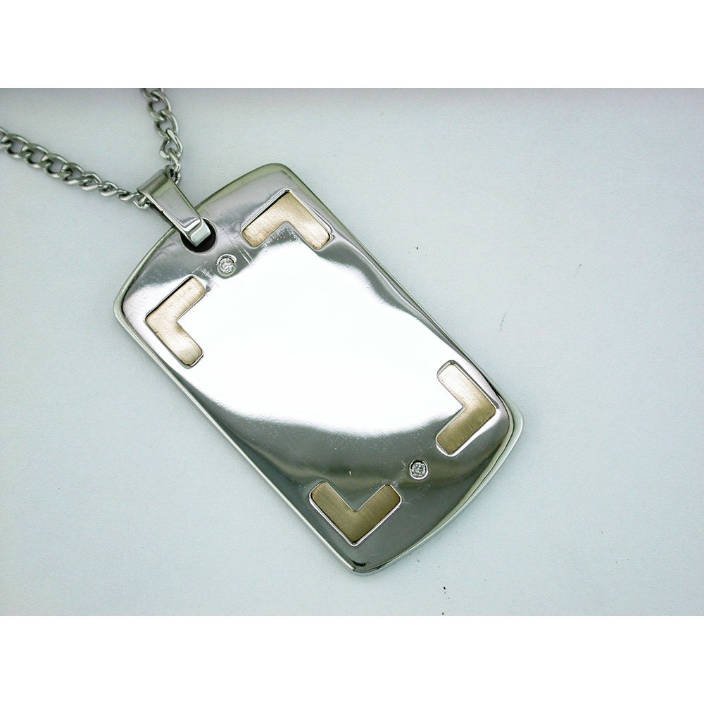 Stainless Steel & 14K Yellow Gold Geometric Dog Tag Pendant with Flush-Set Round Diamonds - 0.06 Carat Total Diamond Weight - Royal Jewelry