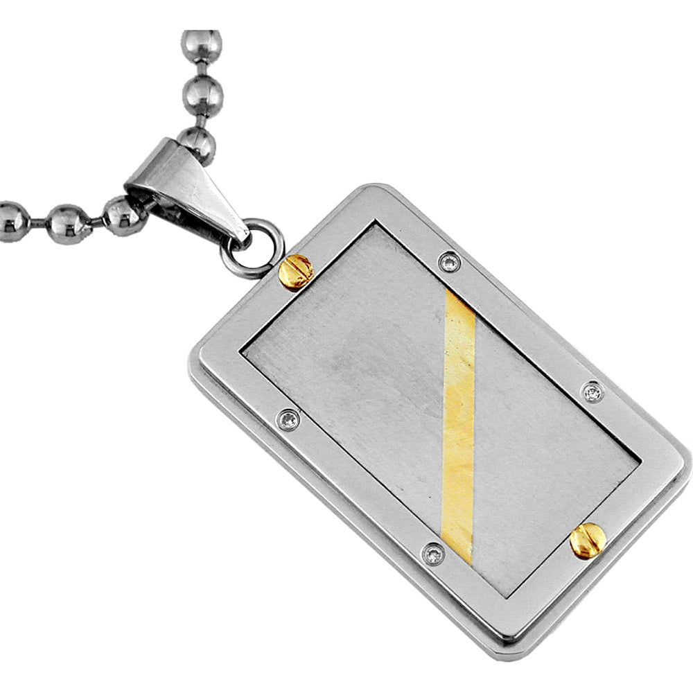 Stainless Steel and 14K Yellow Gold Geometric Pendant with 0.05 Carat Round Diamond Accents - Industrial Two-Tone Modern Necklace - Royal Jewelry