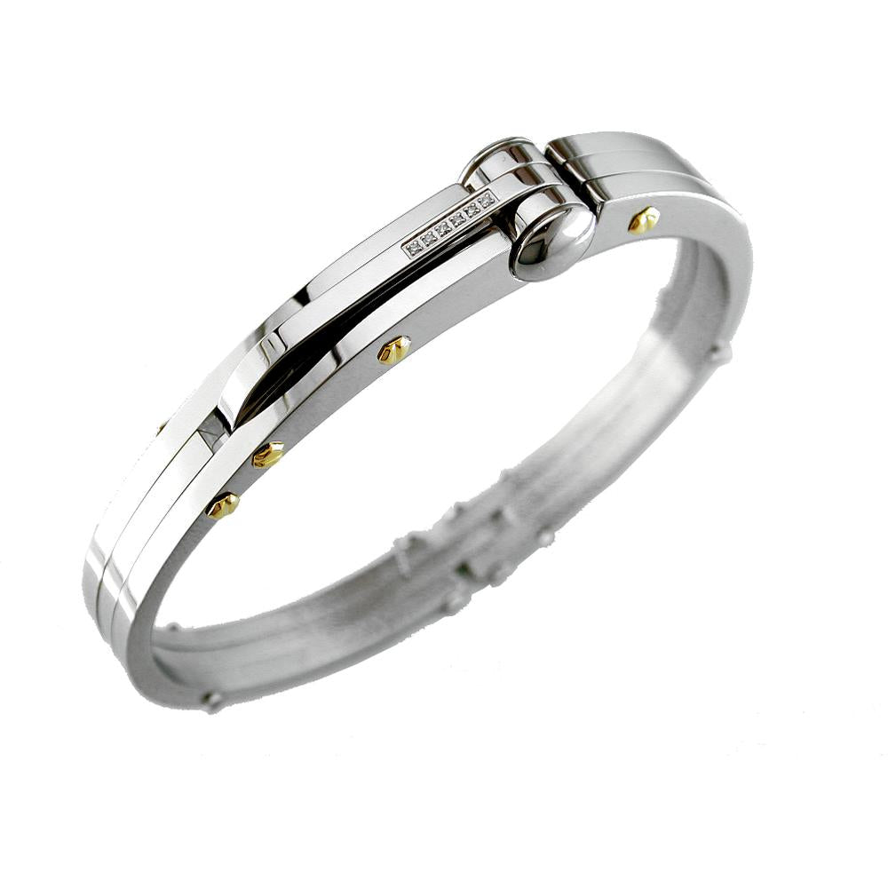 Stainless Steel & 14K Yellow Gold Hinged Bangle with Channel-Set Round Diamond Accents - 0.04 Carat Total Diamond Weight - Royal Jewelry