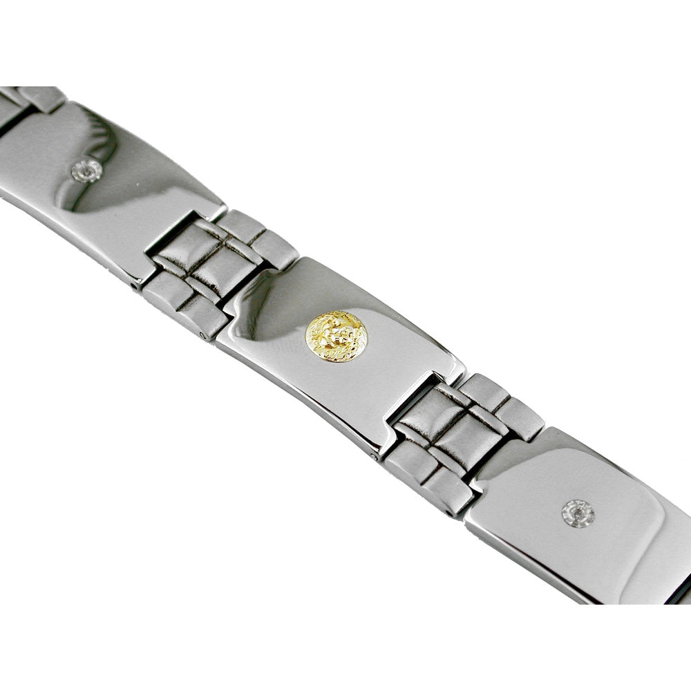Stainless Steel and 14K Yellow Gold Link Bracelet with Bezel-Set Round Diamond - 0.02 Carat Total Diamond Weight - Royal Jewelry