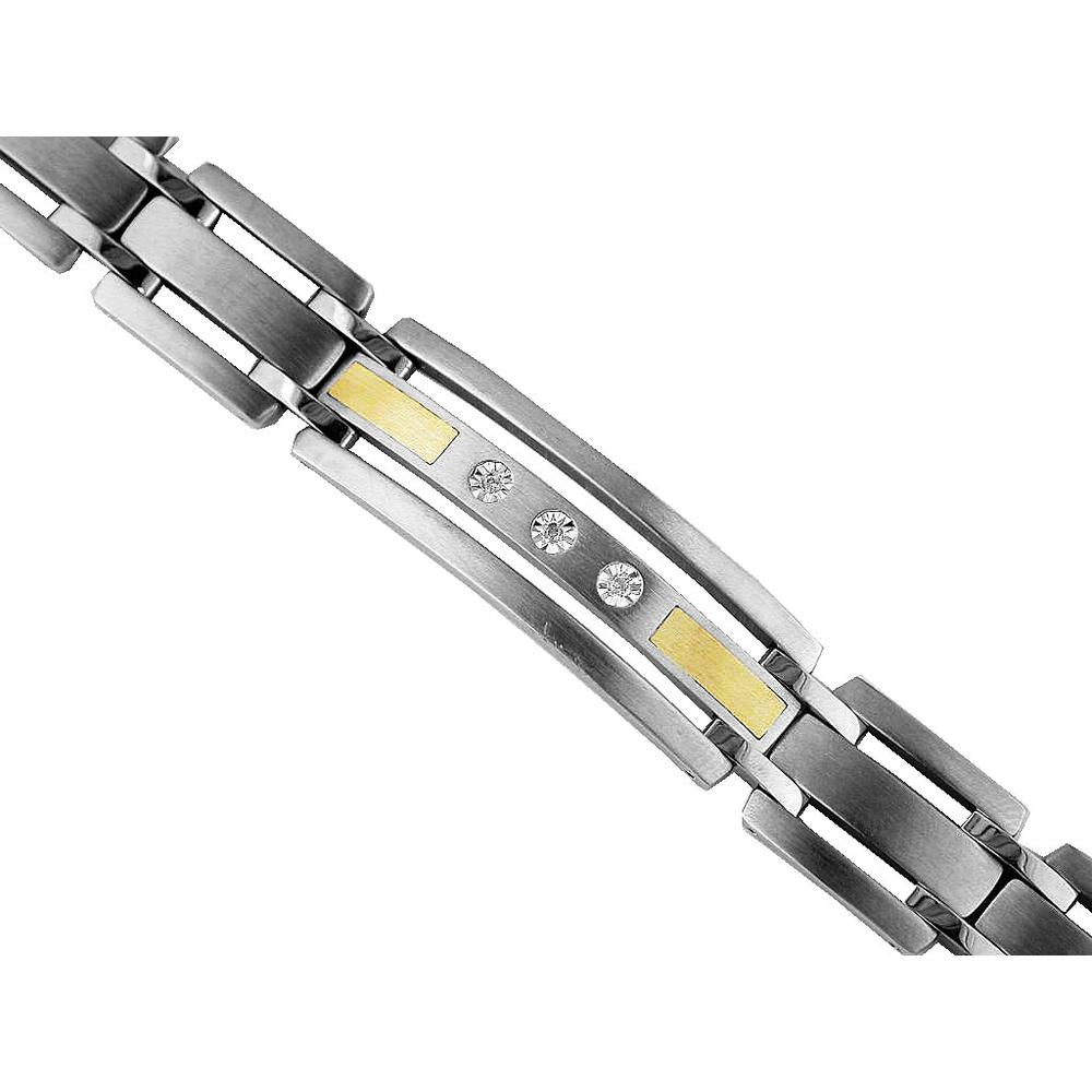 Stainless Steel and 14K Yellow Gold Link Bracelet with Flush Set Round Diamond Accents – 0.03 Total Carat Weight - Royal Jewelry