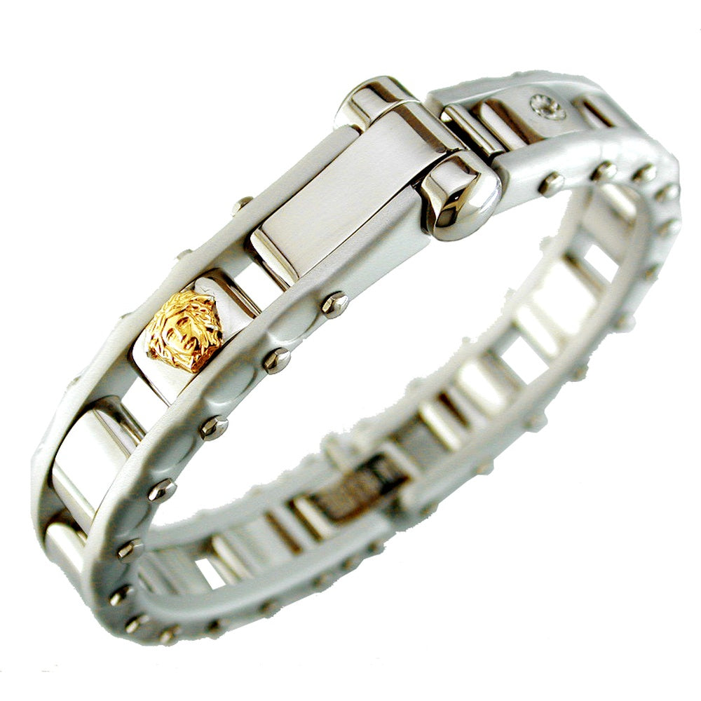 Stainless Steel Bangle with 14K Yellow Gold Heart and Round Diamond Accent - 0.02 Carat Total Diamond Weight - Royal Jewelry