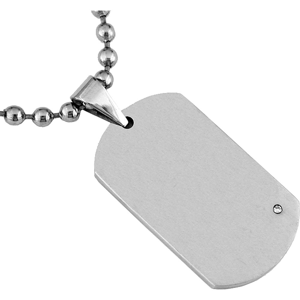 Stainless Steel Brushed Dog Tag Pendant with Solitaire Round Diamond - 0.01 Carat Total Diamond Weight - Royal Jewelry