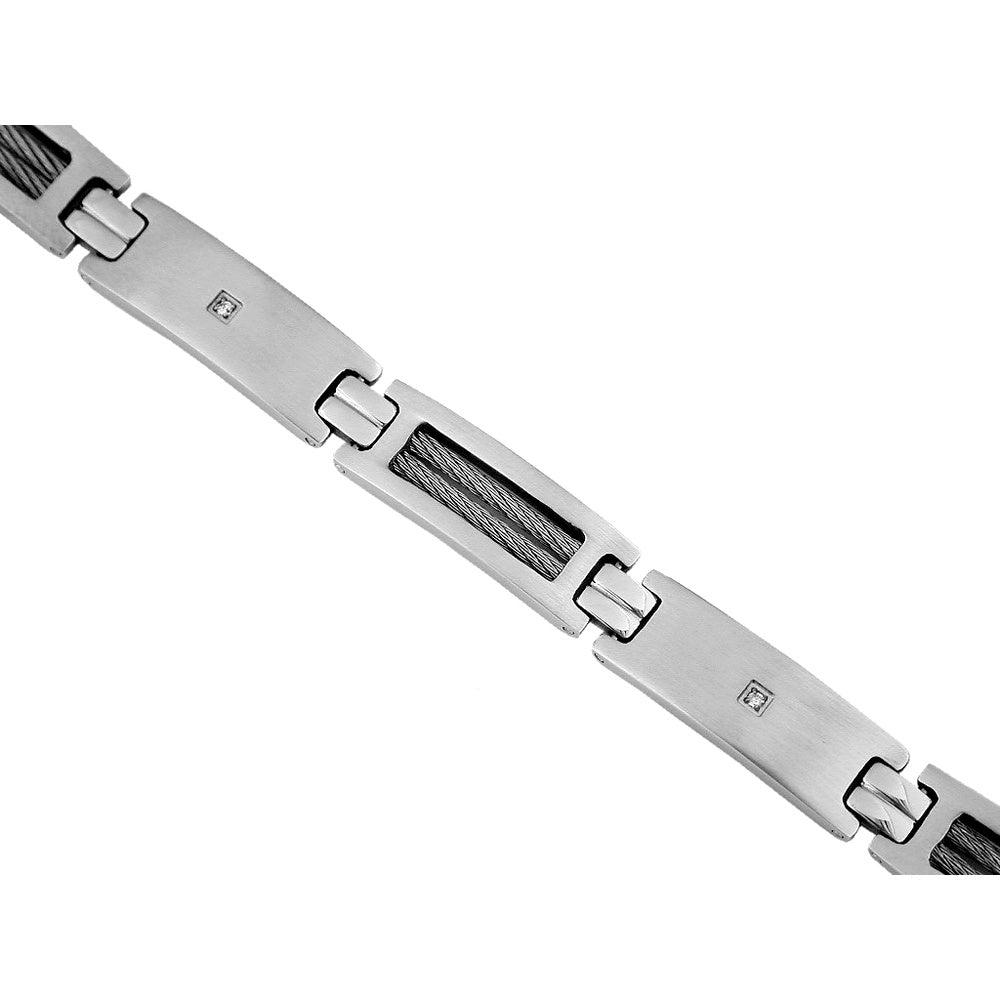 Stainless Steel Brushed Link Bracelet with Flush-Set Round Diamond - 0.04 Carat Total Diamond Weight - Royal Jewelry