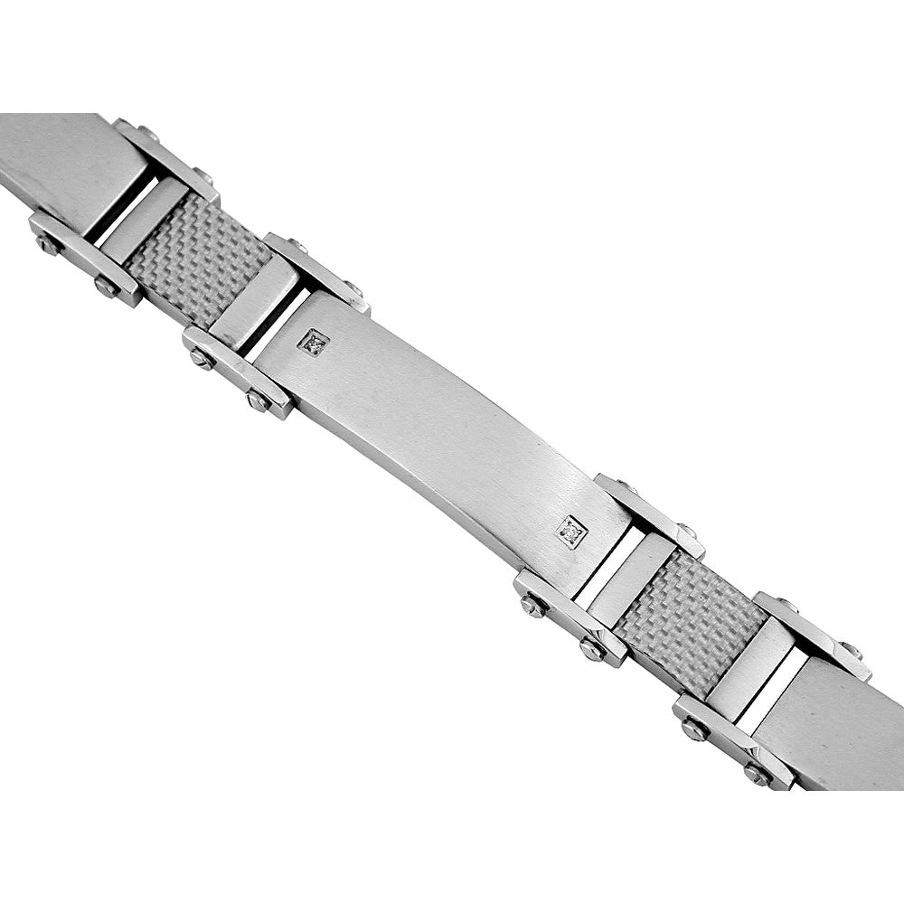 Stainless Steel Contemporary Link Bracelet with Flush-Set Round Diamonds - 0.02 Carat Total Diamond Weight - Royal Jewelry