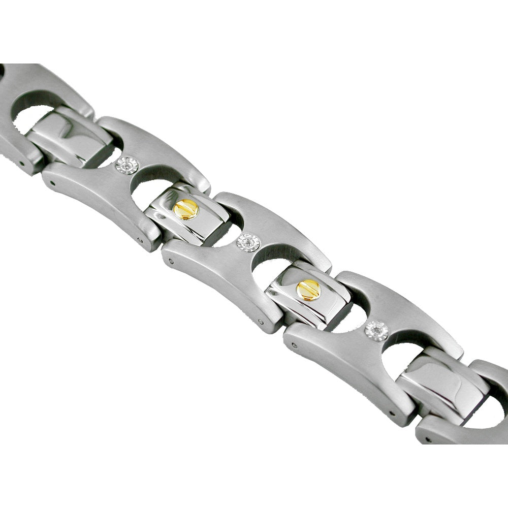 Stainless Steel Contemporary Link Bracelet with Round Diamonds and 14K Yellow Gold Accent - 0.02 Carat Total Diamond Weight - Royal Jewelry